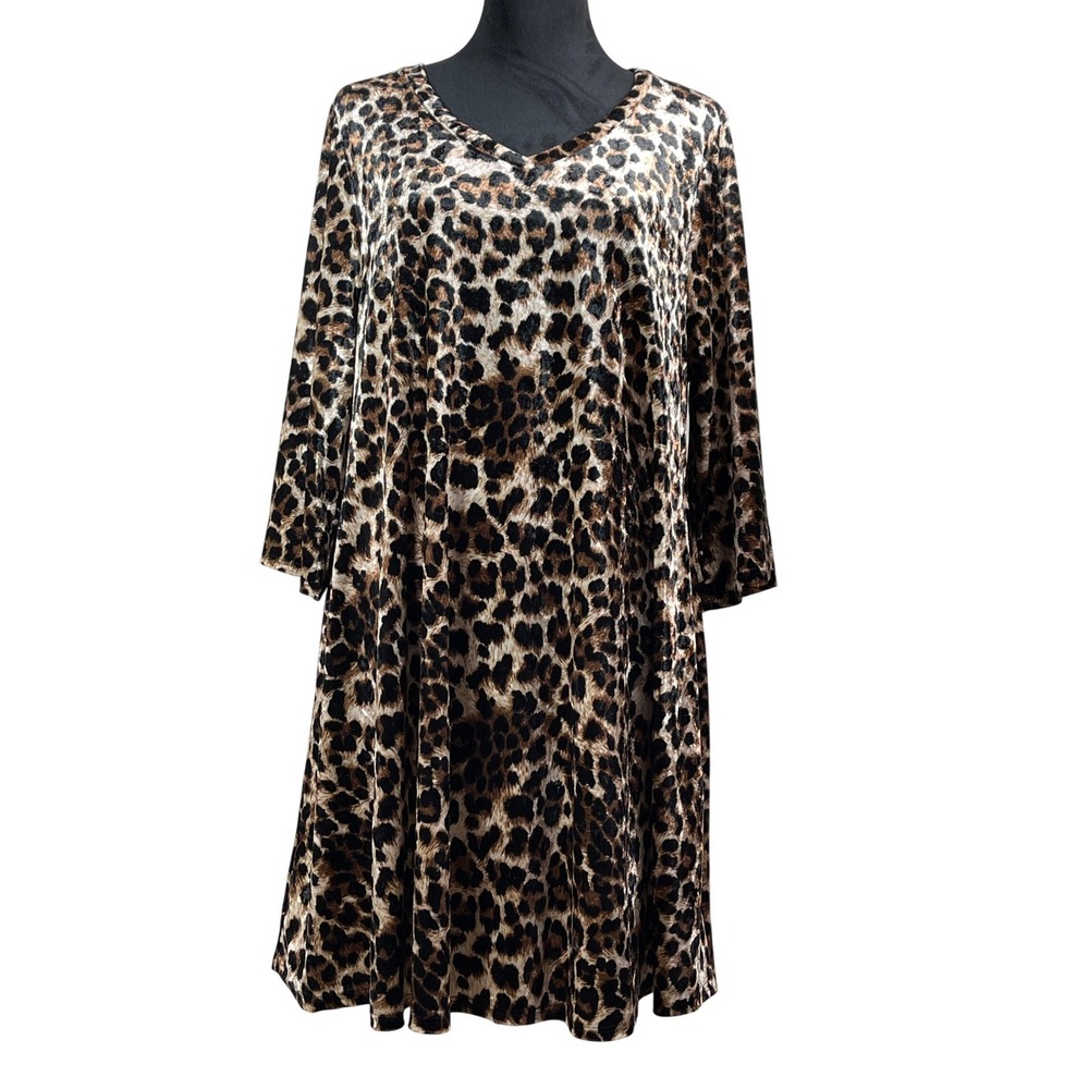 SOL R.H.R. Leopard Print Velvet V-Neck Shift Dress XL‎ Brown Black mumu